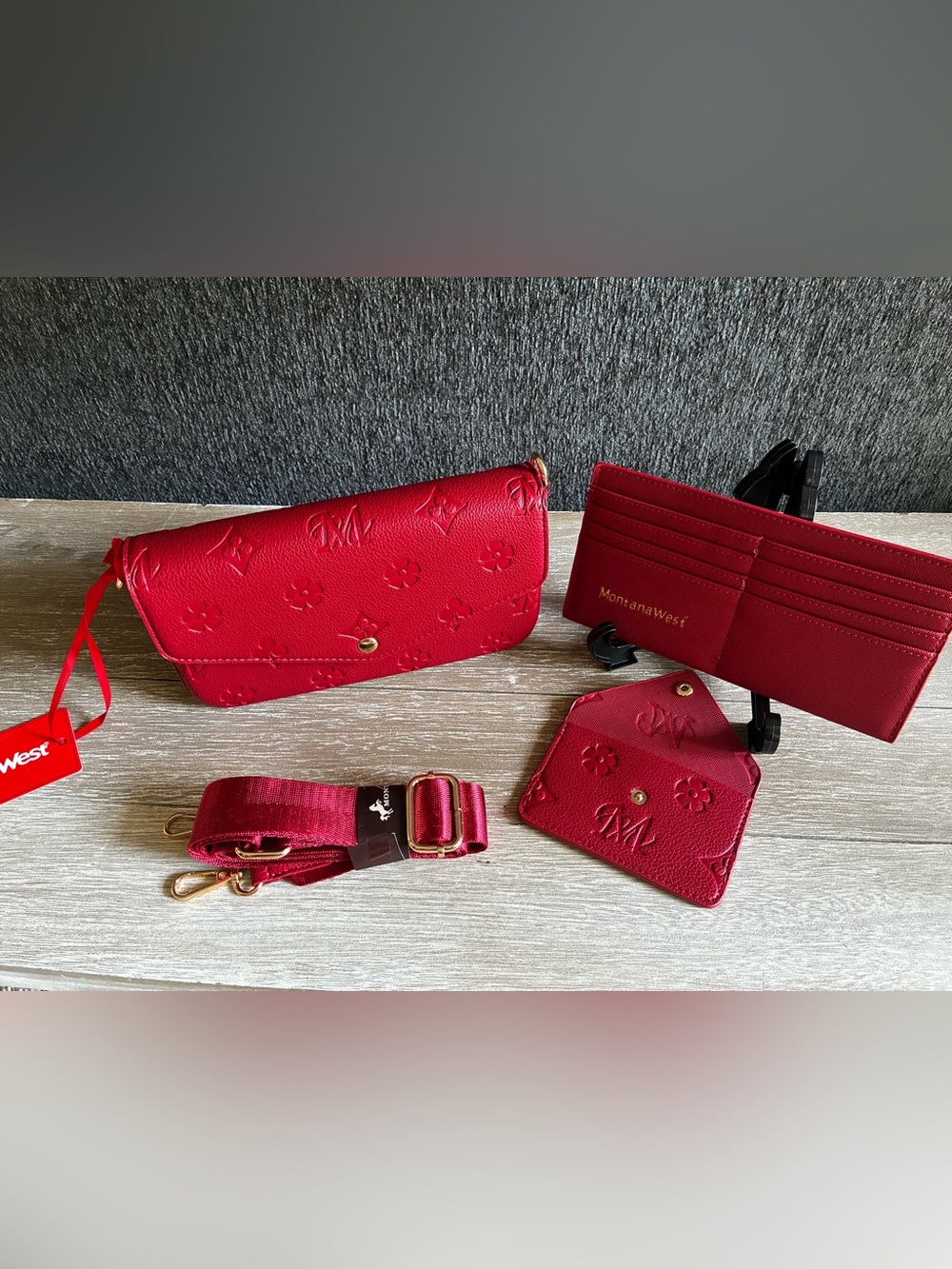 Montana West Red Embossed 4pc Crossbody Wallet Set with Gold Hardware